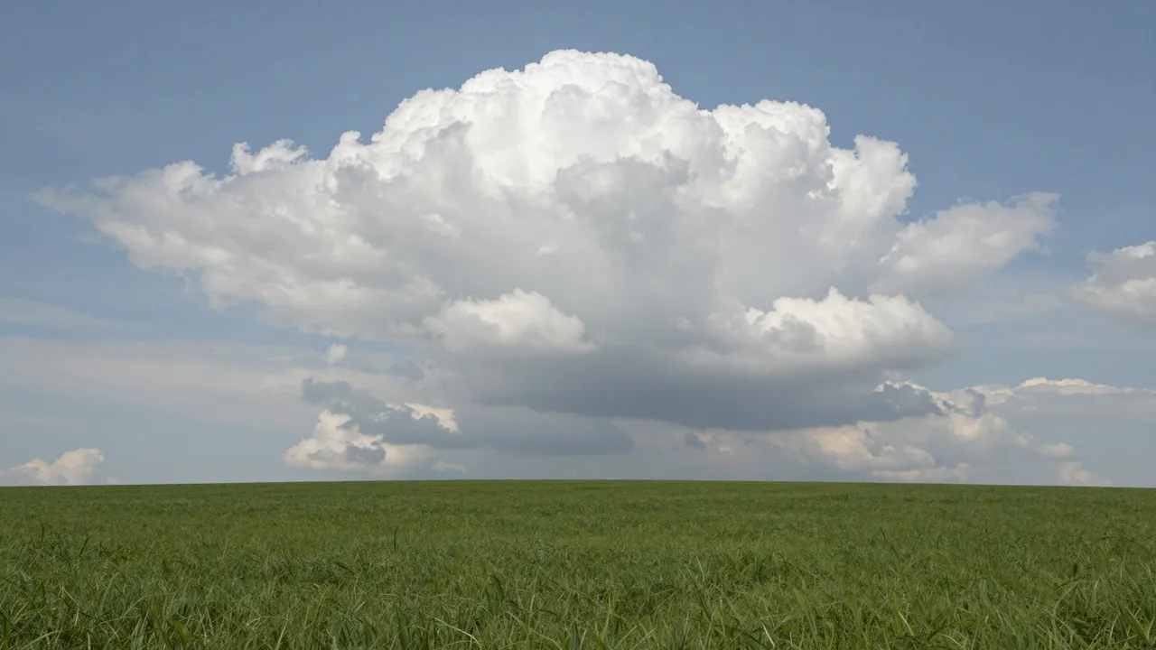 A large billowing cumulus cloud floats above a wide flat green grass plain under a pale blue sky