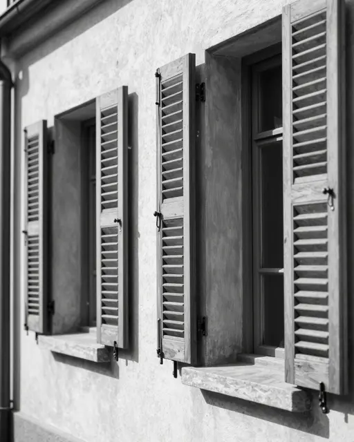 Black and white view of half-open wooden louvered shutters on an old townhouse wall with slanted sunlight