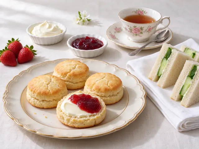 A classic afternoon tea arrangement with scones, finger sandwiches, jam, cream and a floral teacup on a linen tablecloth