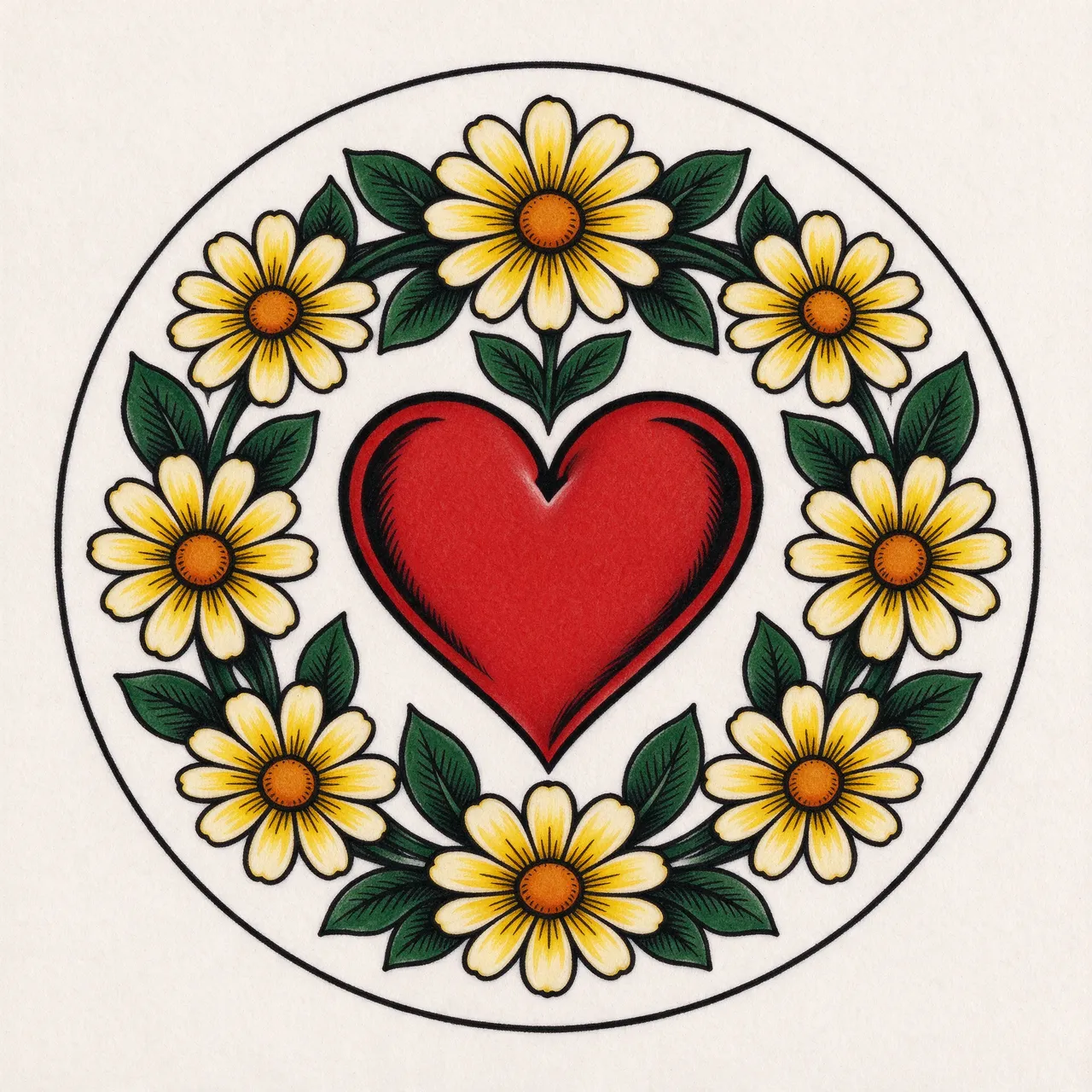 Traditional tattoo illustration of a red heart framed by yellow daisies on off-white paper
