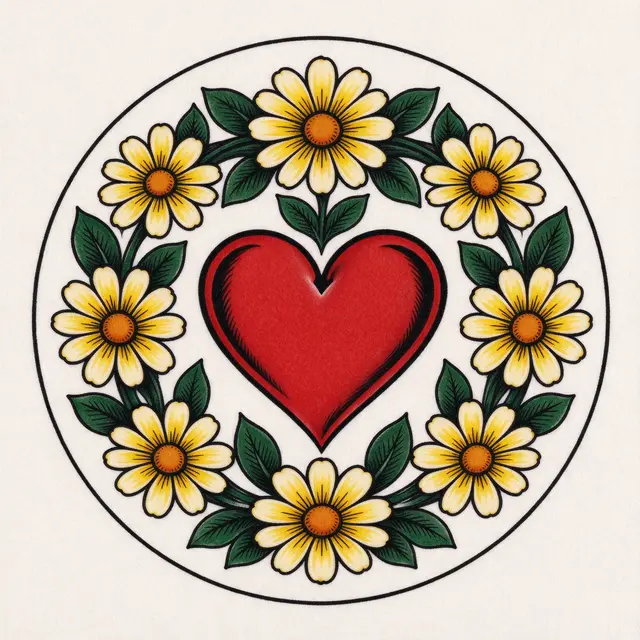 Traditional tattoo illustration of a red heart framed by yellow daisies on off-white paper