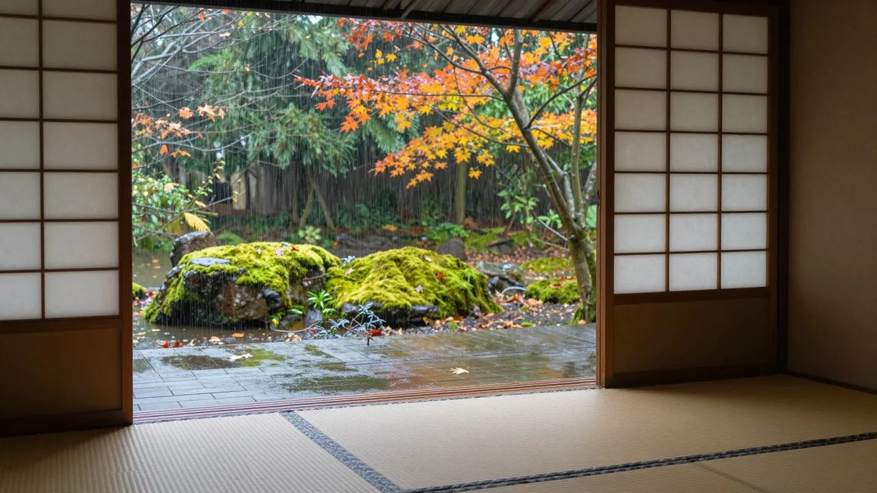 Open shoji doors from a tatami room look out onto a mossy garden in gentle autumn rain