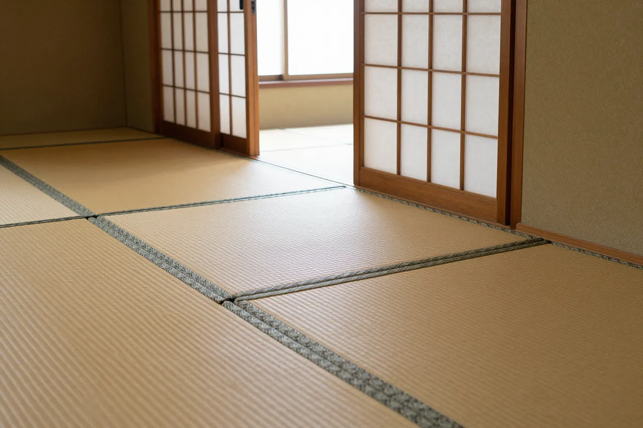 Empty Japanese-style tea room with tatami flooring and wooden shoji sliding doors