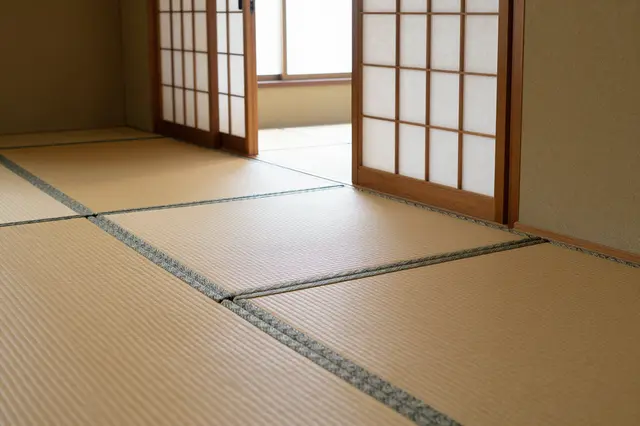 Empty Japanese-style tea room with tatami flooring and wooden shoji sliding doors