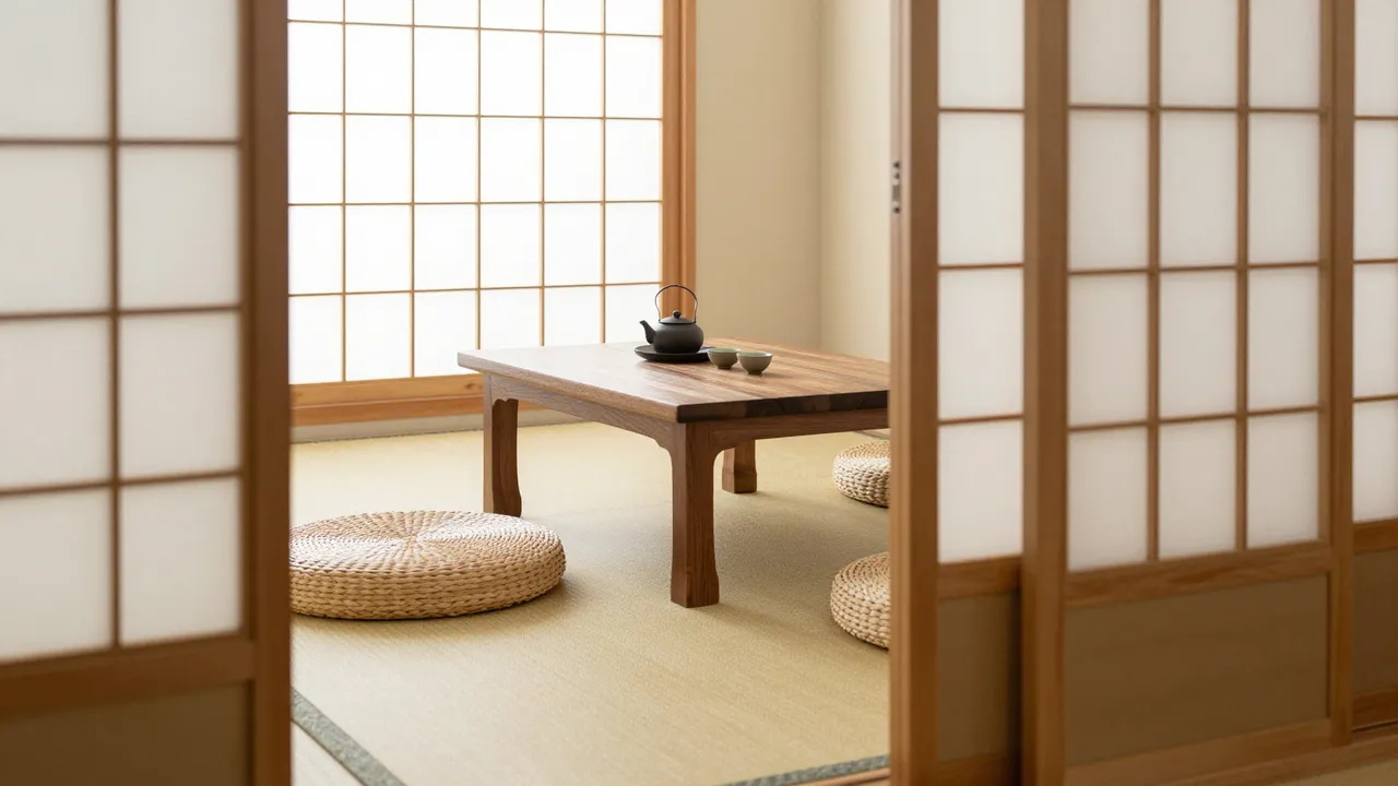 A quiet empty Japanese tea room with tatami flooring, shoji doors, low wooden table and woven floor cushions.