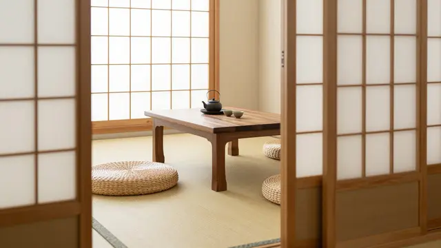 A quiet empty Japanese tea room with tatami flooring, shoji doors, low wooden table and woven floor cushions.
