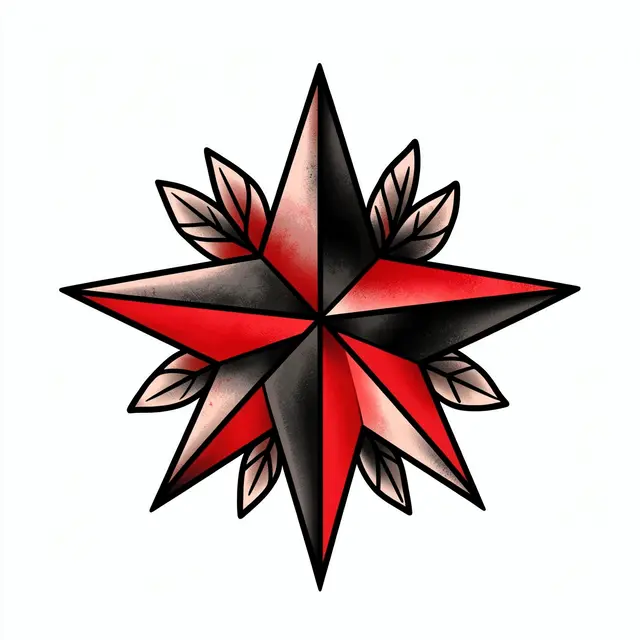 Traditional nautical star tattoo design with alternating black red points and tucked leaves on white background