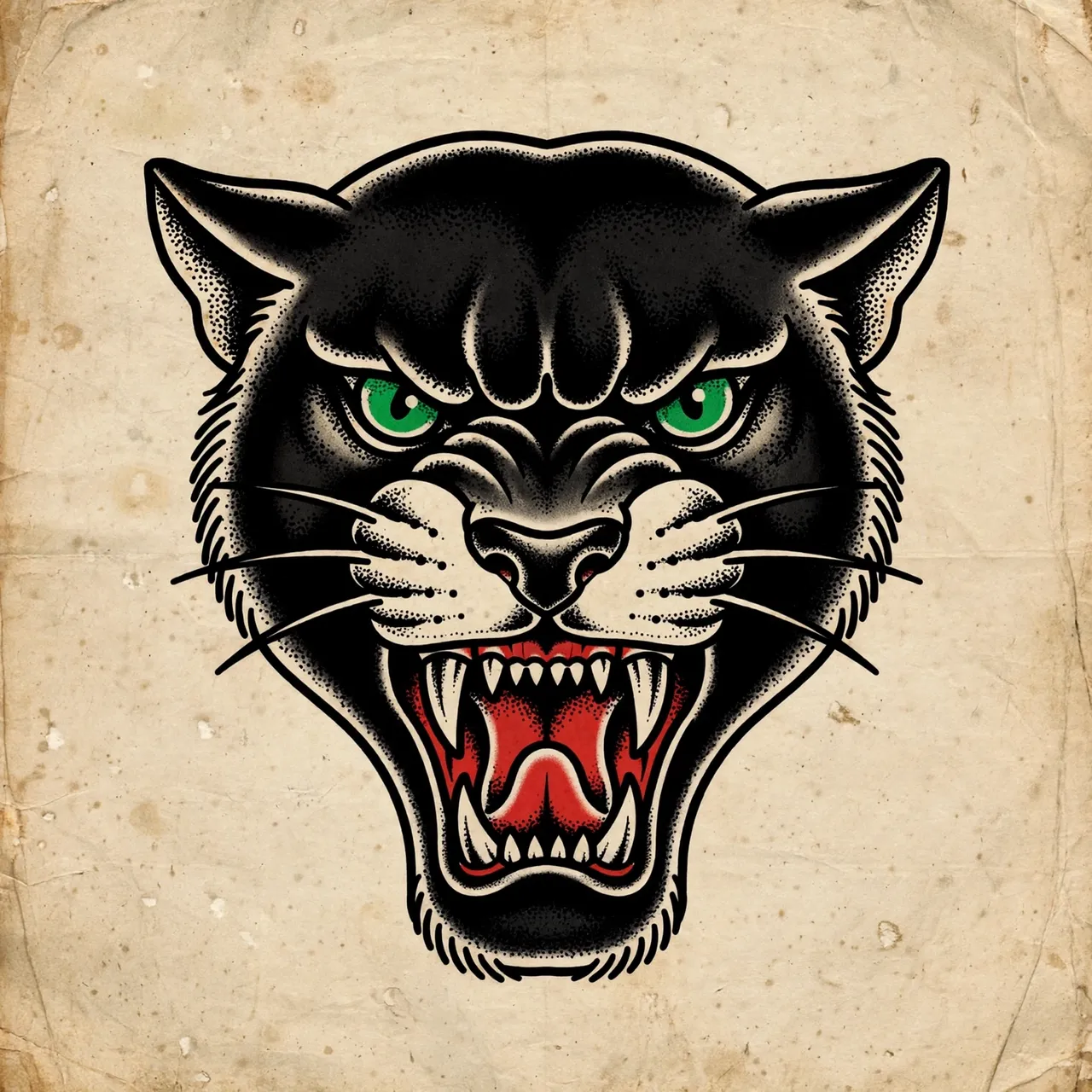Snarling black panther head traditional tattoo illustration on aged crumpled paper