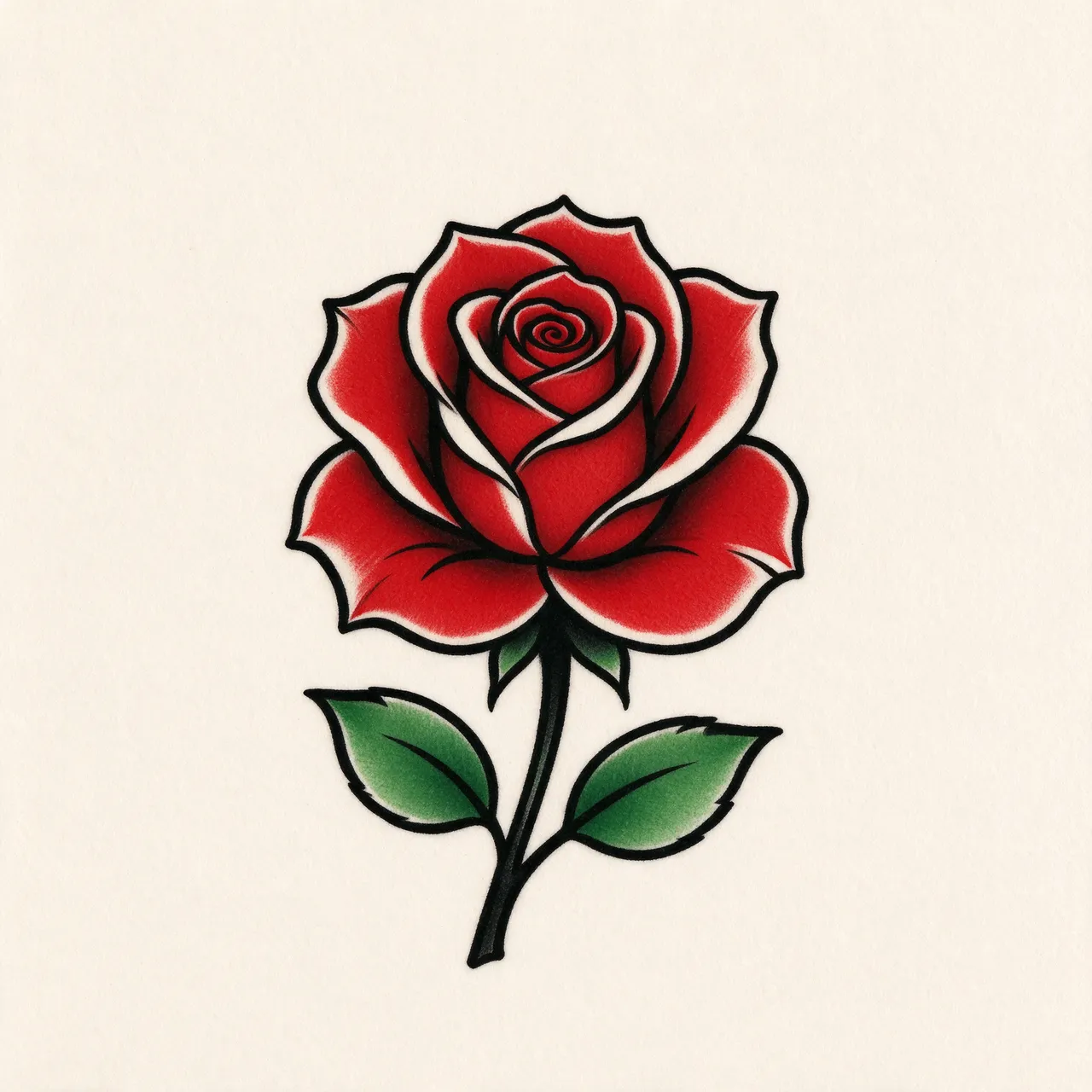 Bold traditional style rose tattoo drawing on soft cream textured paper