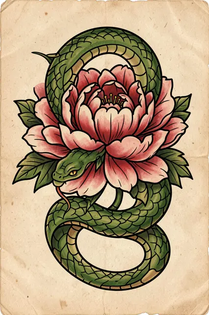 Traditional tattoo illustration of a coiled green snake wrapped around a blooming pink peony on aged beige paper