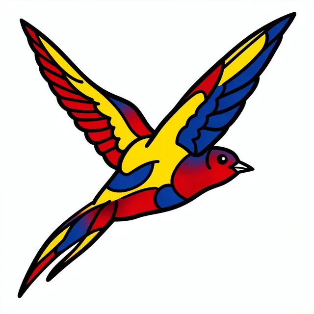 A stylized flying swallow illustration with thick black outlines and flat red, yellow, and blue color blocking on a plain