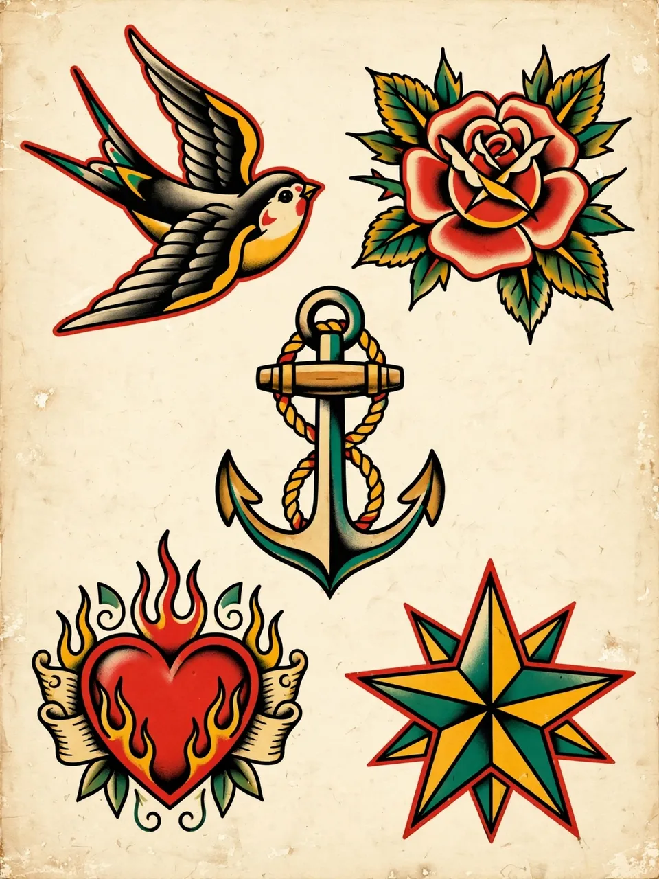 Vintage traditional tattoo flash designs featuring a swallow, rose, anchor, flaming heart and nautical star on aged paper