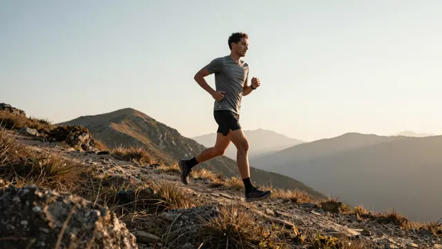 Side view of a male trail runner in gray athletic wear running along a rocky mountain ridge at golden sunrise