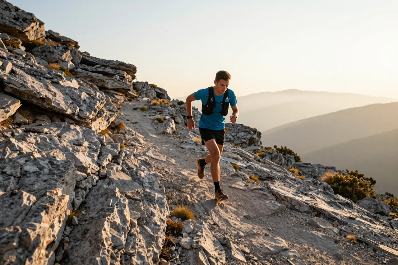 A male trail runner moves along a rocky mountain path during warm golden sunrise