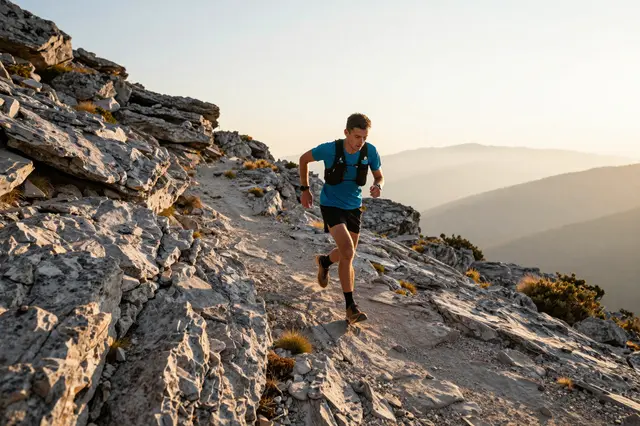 A male trail runner moves along a rocky mountain path during warm golden sunrise