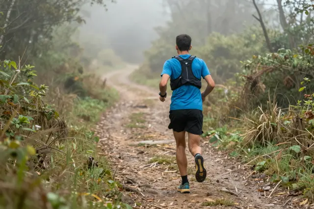 A trail runner viewed from behind runs along a foggy forest dirt path at morning