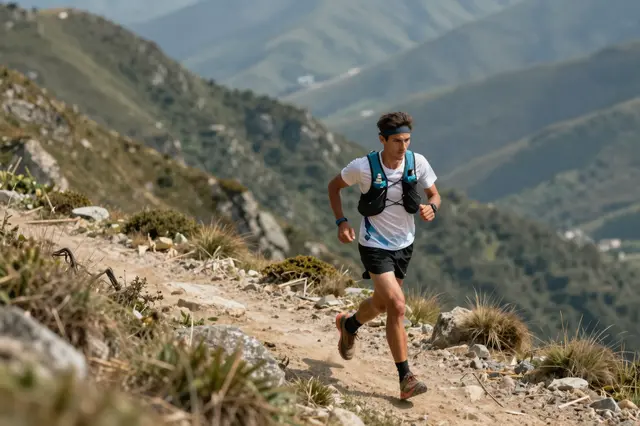 A male trail runner runs along a rocky dirt mountain trail with distant hazy green ridges in the background