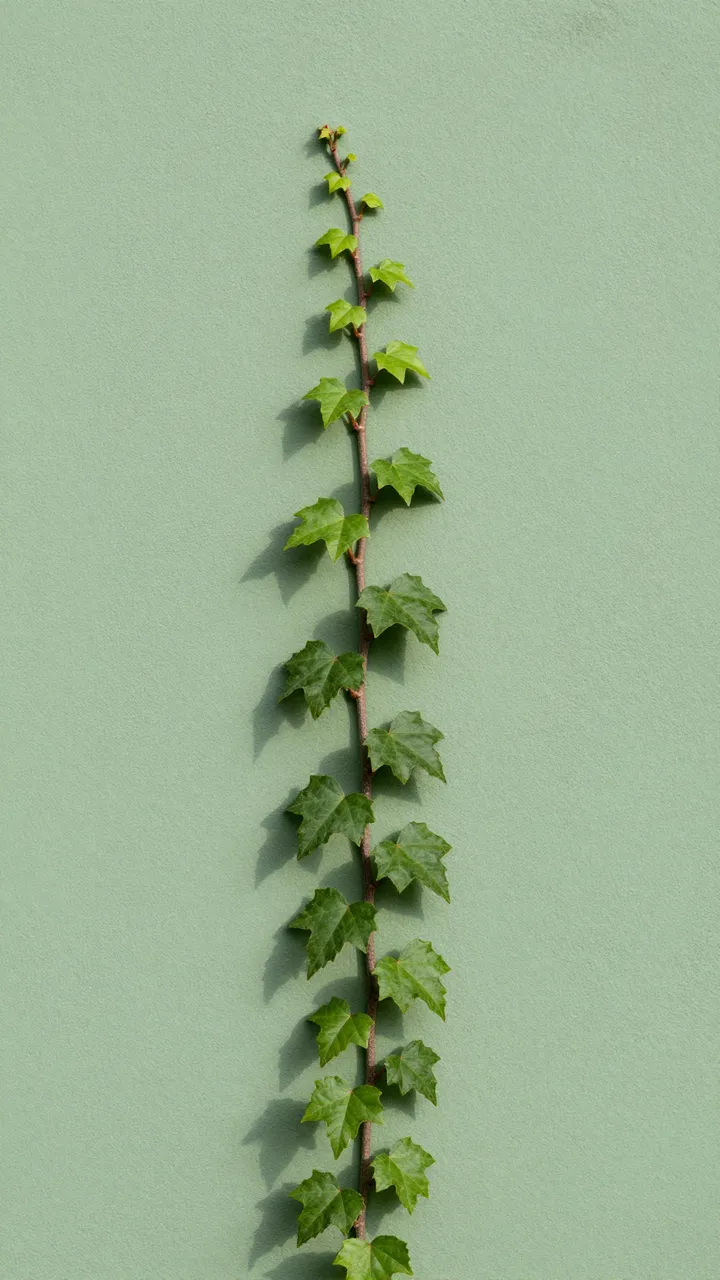 A vertical trailing ivy vine grows against a smooth matte sage green wall with soft side lighting.