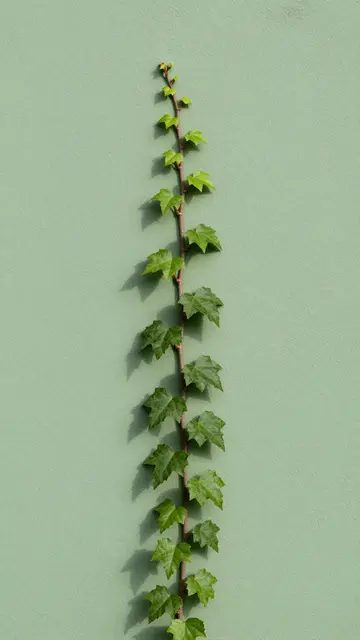 A vertical trailing ivy vine grows against a smooth matte sage green wall with soft side lighting.