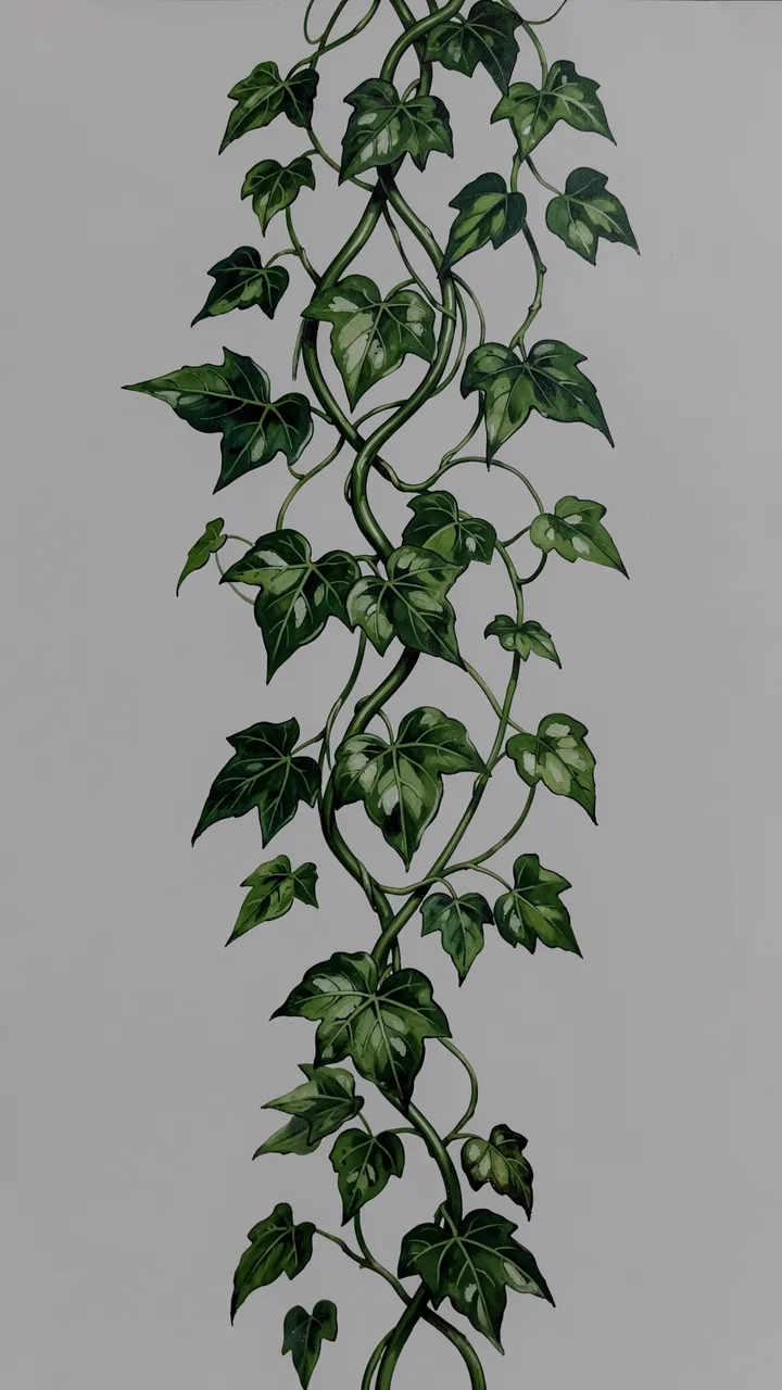 Hand-painted winding dark green ivy stems with leaves on a soft plain gray background