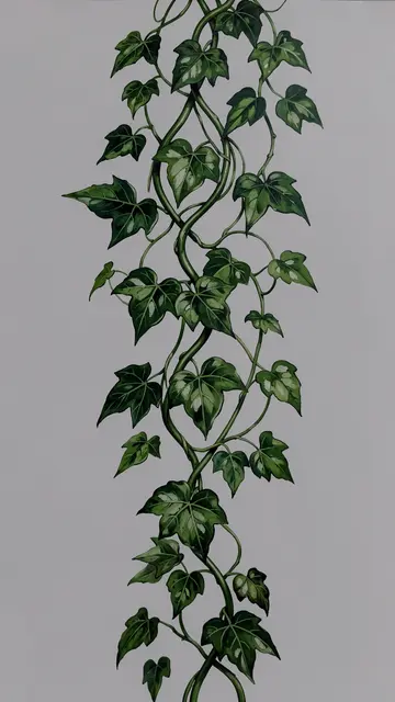 Hand-painted winding dark green ivy stems with leaves on a soft plain gray background