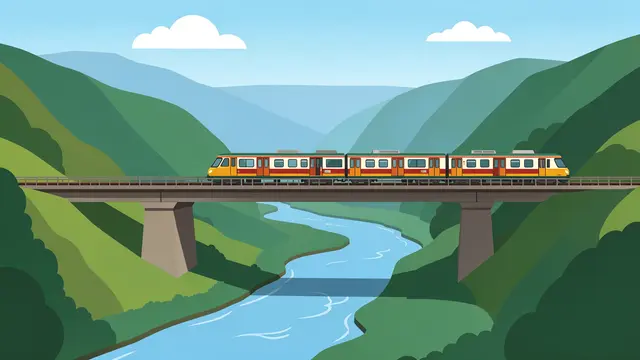 Colorful passenger train travels across a concrete bridge over a winding river in a green mountain valley under a blue sky