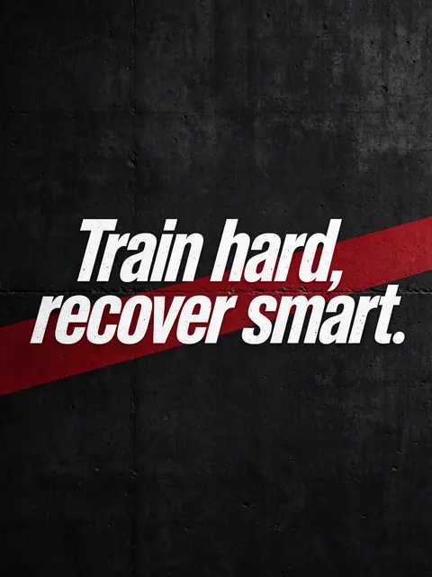 Bold white text reading "Train hard, recover smart." with a red diagonal stripe on a dark textured concrete wall background