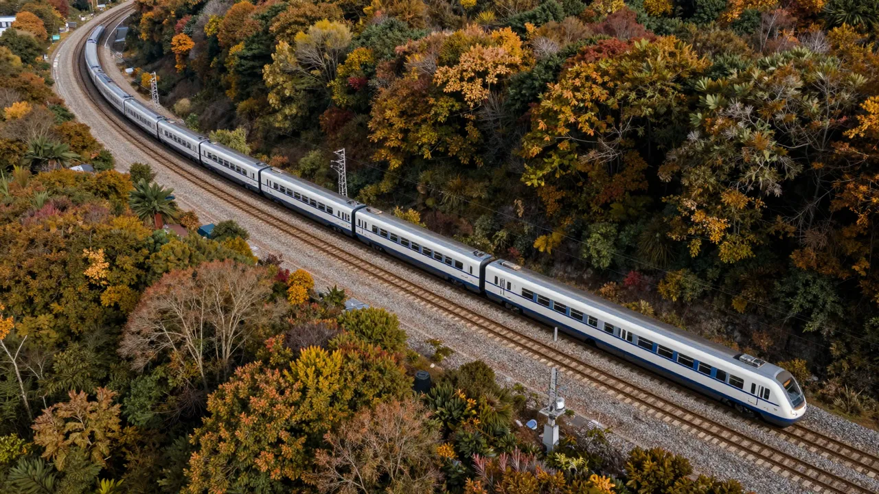 Aerial overhead view of a passenger train traveling along curved railway tracks through a dense colorful autumn forest