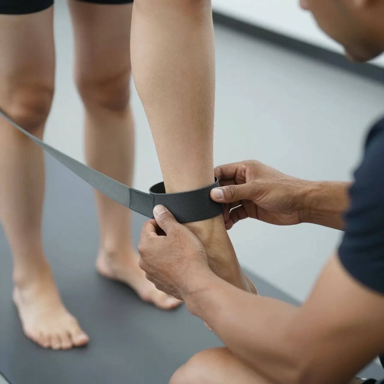 Close-up of a trainer's hands adjusting a black resistance band around a client's ankle during a fitness session