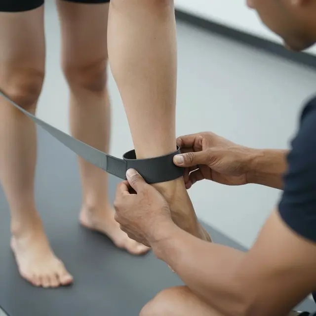 Close-up of a trainer's hands adjusting a black resistance band around a client's ankle during a fitness session