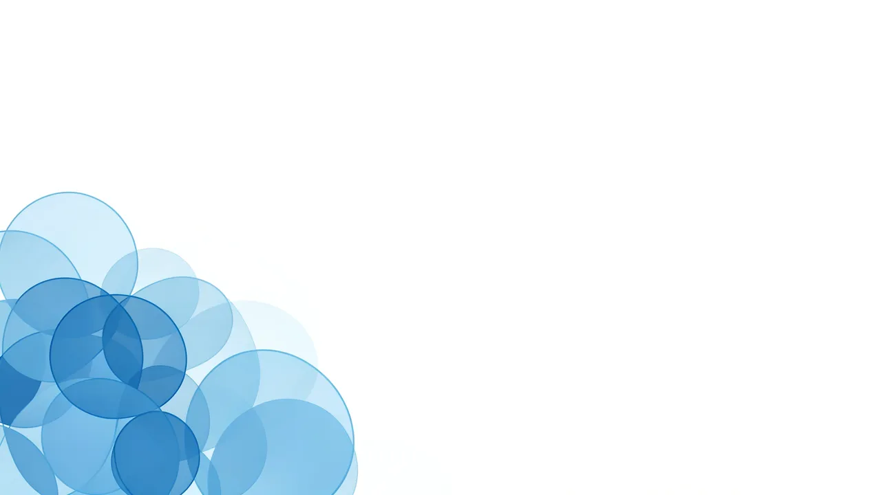Overlapping translucent blue circles sit in the bottom left with blank white copy space to the right