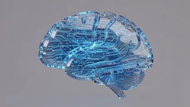 A 3D rendered brain constructed from stacked translucent blue glass slices with circuit board detailing against a plain gray