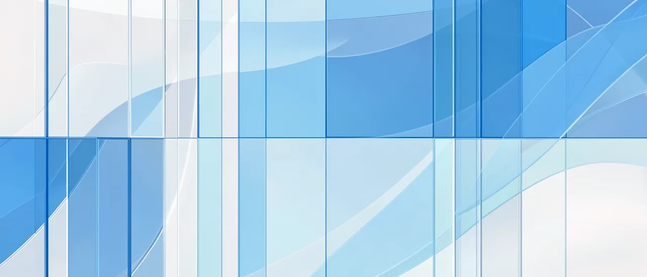 Wide background of layered translucent blue and white glass panel elements with smooth flowing curves