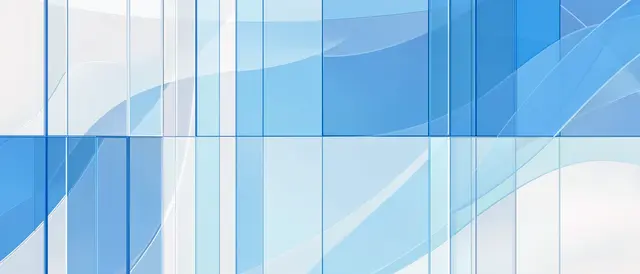 Wide background of layered translucent blue and white glass panel elements with smooth flowing curves