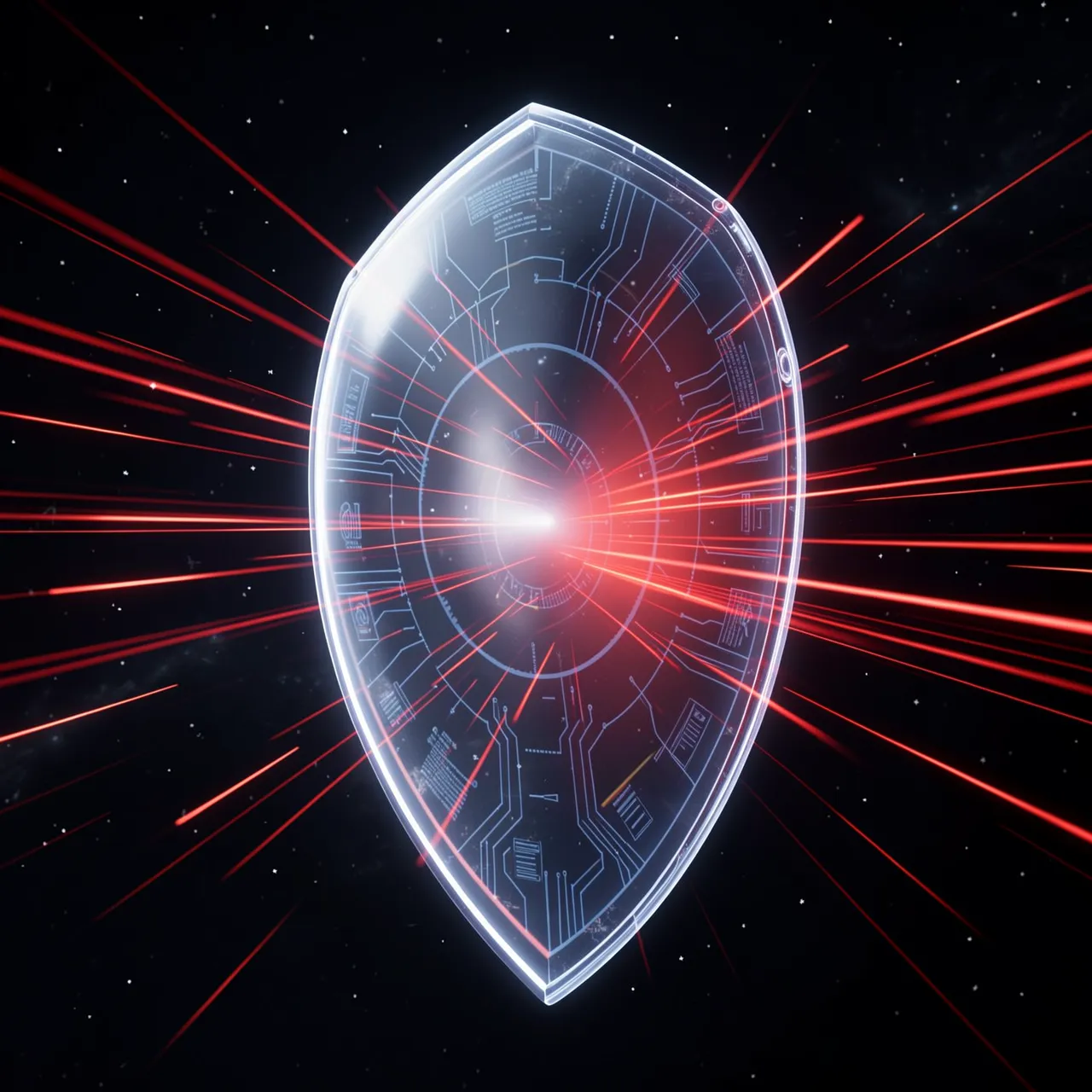 A glowing translucent circuit-patterned light shield deflects red energy streaks in dark starry space