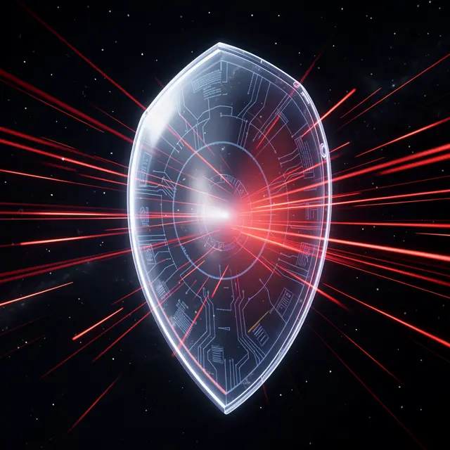 A glowing translucent circuit-patterned light shield deflects red energy streaks in dark starry space