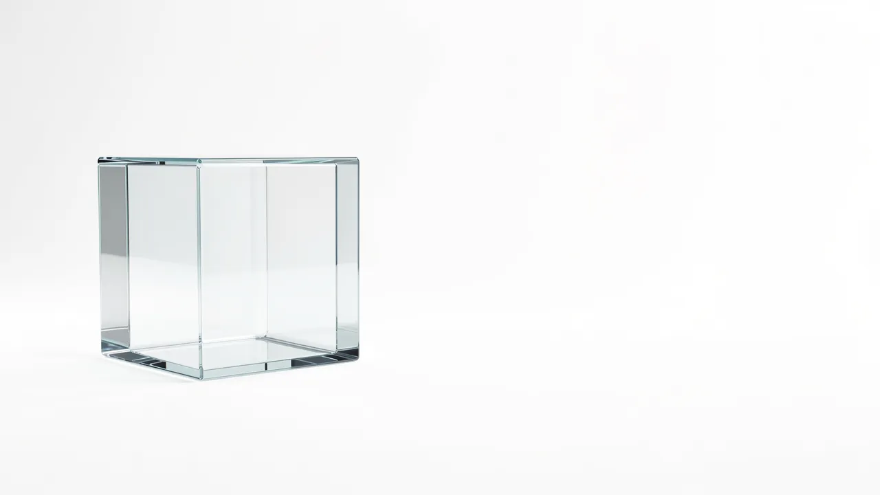 An empty transparent glass cube sits on the left of a plain white background with wide empty copy space to the right
