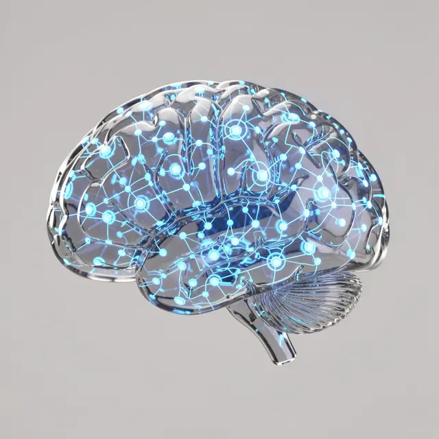 A translucent glass human brain model filled with glowing blue network nodes against a neutral gray background