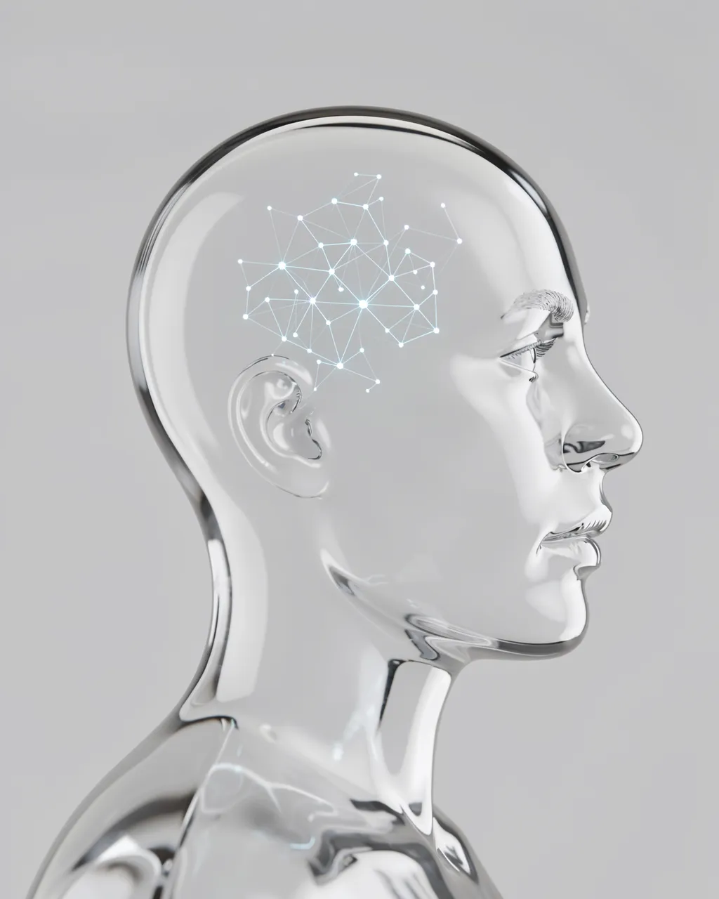 Profile view of a translucent glass human head with a glowing neural network inside against a pale gray background