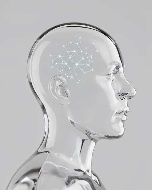 Profile view of a translucent glass human head with a glowing neural network inside against a pale gray background