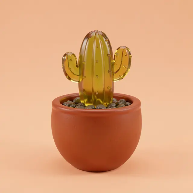 A translucent golden gummy cactus sits in a round terracotta pot on a peach background