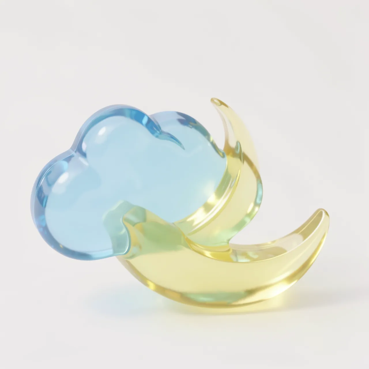 A glossy translucent pastel blue cloud and yellow crescent moon rendered in a gummy 3D style against a plain light background