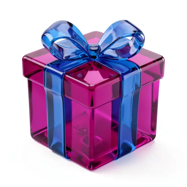 A translucent pink cubic gift box with a glossy blue ribbon bow against a plain white background