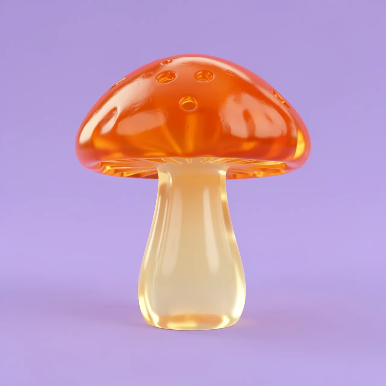 Glossy translucent orange and cream gummy mushroom on a solid lilac background