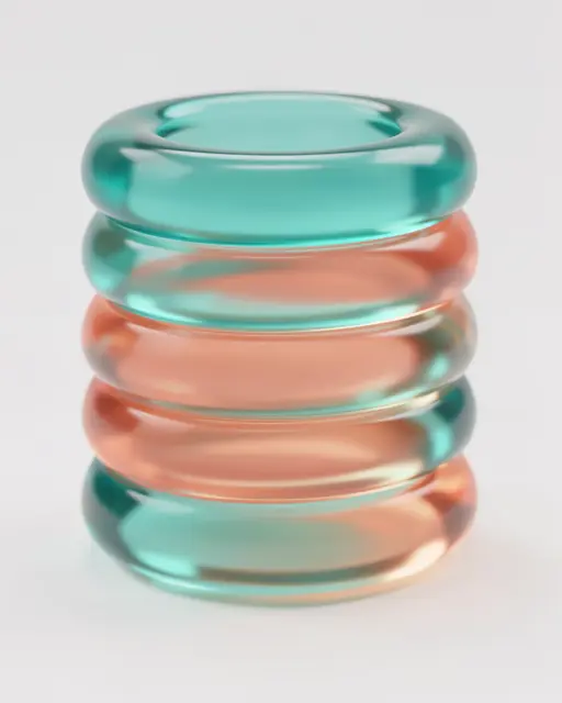 Stack of alternating translucent teal and coral gummy-style rings with soft glow on a pale neutral background