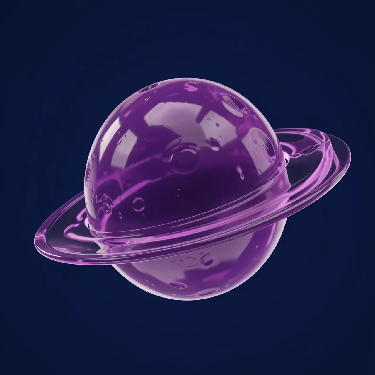 A translucent grape purple gummy-style ringed planet floats against a dark blue background
