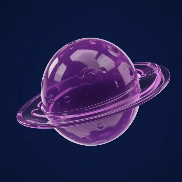 A translucent grape purple gummy-style ringed planet floats against a dark blue background