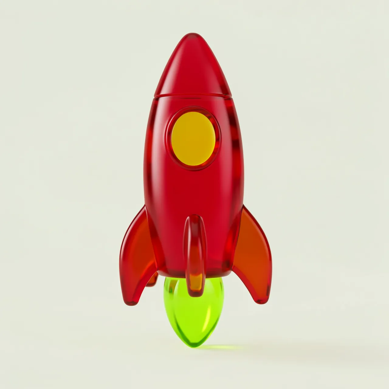 A translucent cherry red gummy-style rocket with lime green thruster sits against a pale neutral background