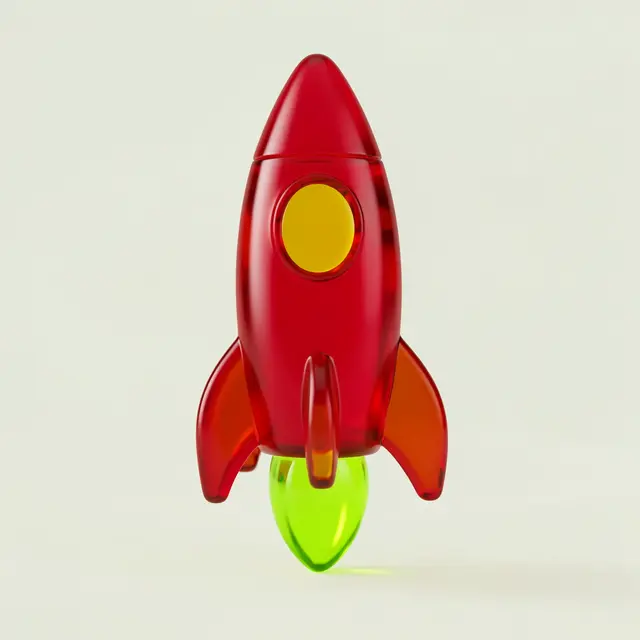 A translucent cherry red gummy-style rocket with lime green thruster sits against a pale neutral background