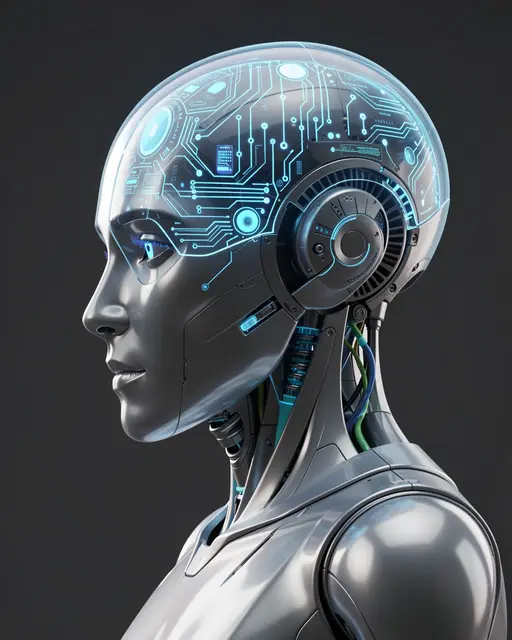 Side profile of a humanoid robot with a clear head holding glowing blue circuit patterns against a dark gray background